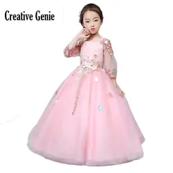 Платье с бисером и аппликацией в виде цветка для девочек, 2018 элегантное милое Розовое Бальное Платье для девочек, вечернее платье