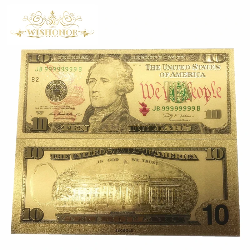 

10pcs/lot Hot Sale USA Gold Banknote Paper Money USD 10 Dollars Banknote in 24k Gold Plated With Colored Printing For Gift