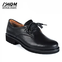 ISNOM из натуральной кожи Туфли без каблуков Для женщин с перекрестной шнуровкой оксфорды обувь с круглым носком для нейтрального стиля одежды обувь женская обувь; Большие размеры 34–43 Мода