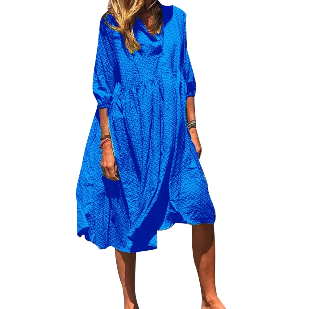 

Bohemian Summer Women Plus Size Solid Color V Neck Half Sleeve Loose Midi Dress New Chic Vintage
