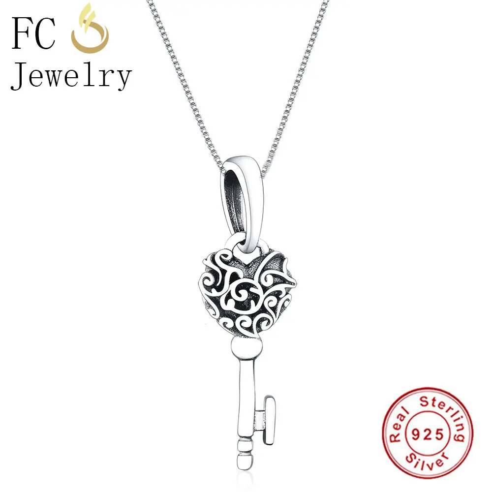 

FC Jewelry 925 Sterling Silver Vine Heart Regal Key to Love Heart Pendant Necklace Link Chain European Women Chokers Trinket