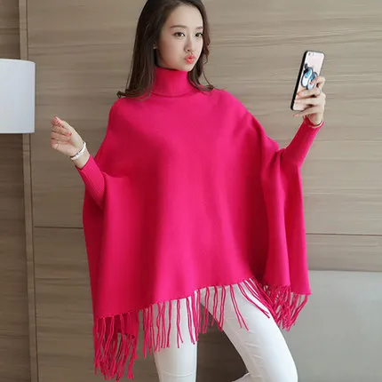 Осень-зима Корейский Вязание кисточкой плащ свитер Дамская мода шаль Свитеры с высоким воротом свободные Большие размеры пуловер LGP708 - Цвет: Rose red