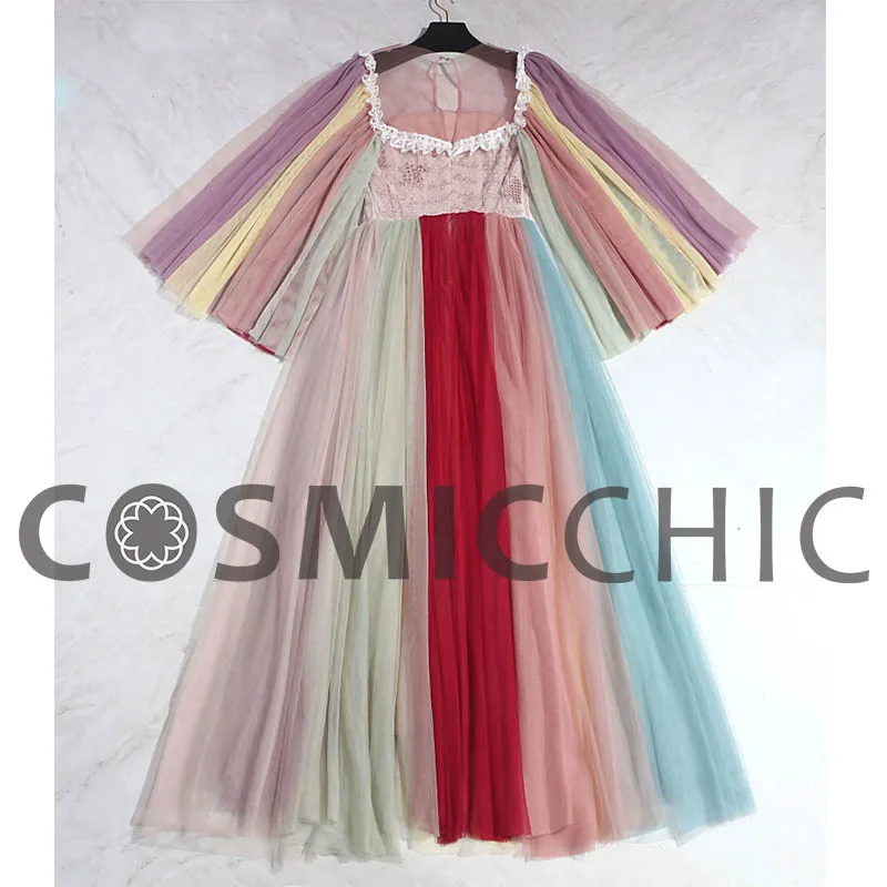 Cosmicchic высокой моды Тюль Вышивка Макси платье с расклешенными длинными рукавами цвет кружево бальное платье дворец Платья для вечеринок LY229