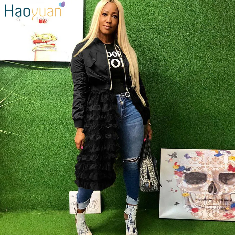

HAOYUAN Plus Size Long Sleeve Coats and Jackets Women Streetwear Fall Clothes Sexy Mesh Casual Rose Black Long Bomber Jackets