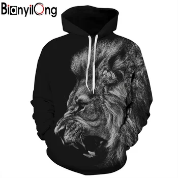 

BIANYILONG New Fashion Men/Women 3d Sweatshirts Print Ferocious Lion Black Thin Autumn Winter Hooded Hoodies Pullovers Tops