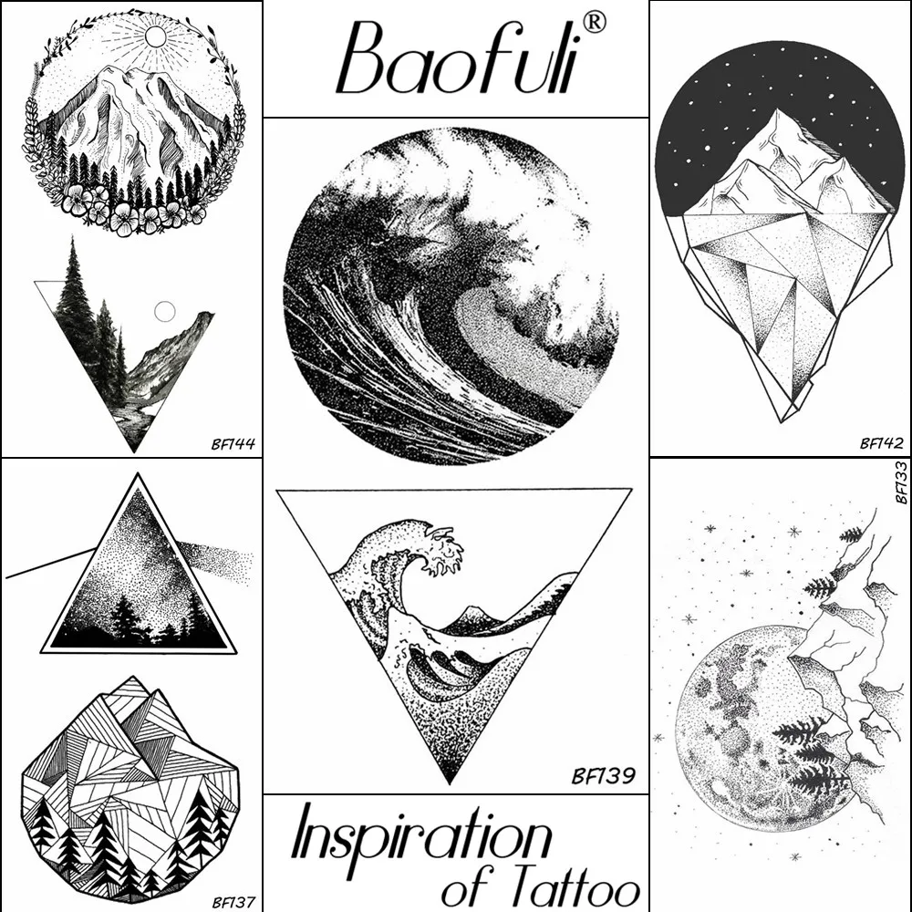 

Baofuli Ocean Wave Body Art Tatto Geometric Triangle Temporary Tattoo Black Fake Tattoo Forset Diamond Mountain Galaxy Women Men