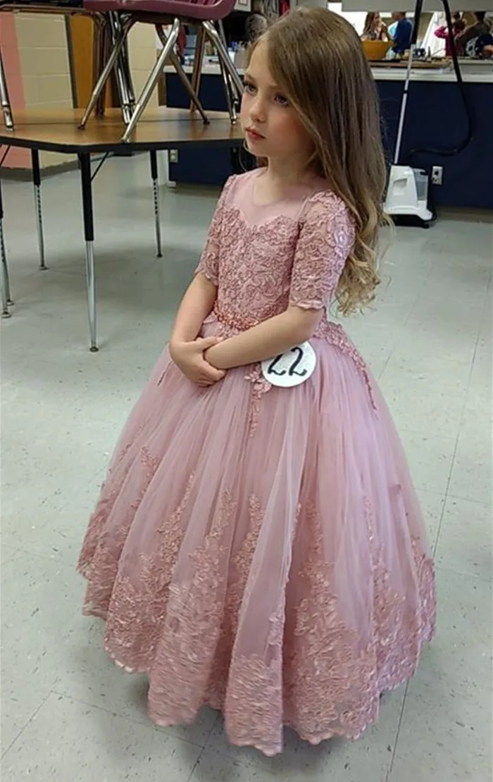 Blush Pink Lace Tulle Flower Girl Dress Half Sleeves Jewel Sheer Neck Appliques Buttons Pageant Gowns | Детская одежда и обувь