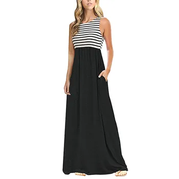 

2019 MAXIORILL New Women Summer Striped Sleeveless Crew Neck Long Bohe Maxi Dress with Pockets платье Wholesale T3