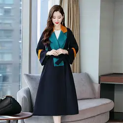 Для женщин s Зимняя шерстяная одежда длинные модные пальто Винтаж корейский стиль 2018 повседневное Элегантный Пояса лоскутн