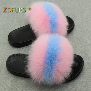 

ZDFURS* Women's Fox Hair Slippers Winter Warm Furry Slippers Ladies Plush Fashion Indoor Solid Slippers Big Size Wholesale
