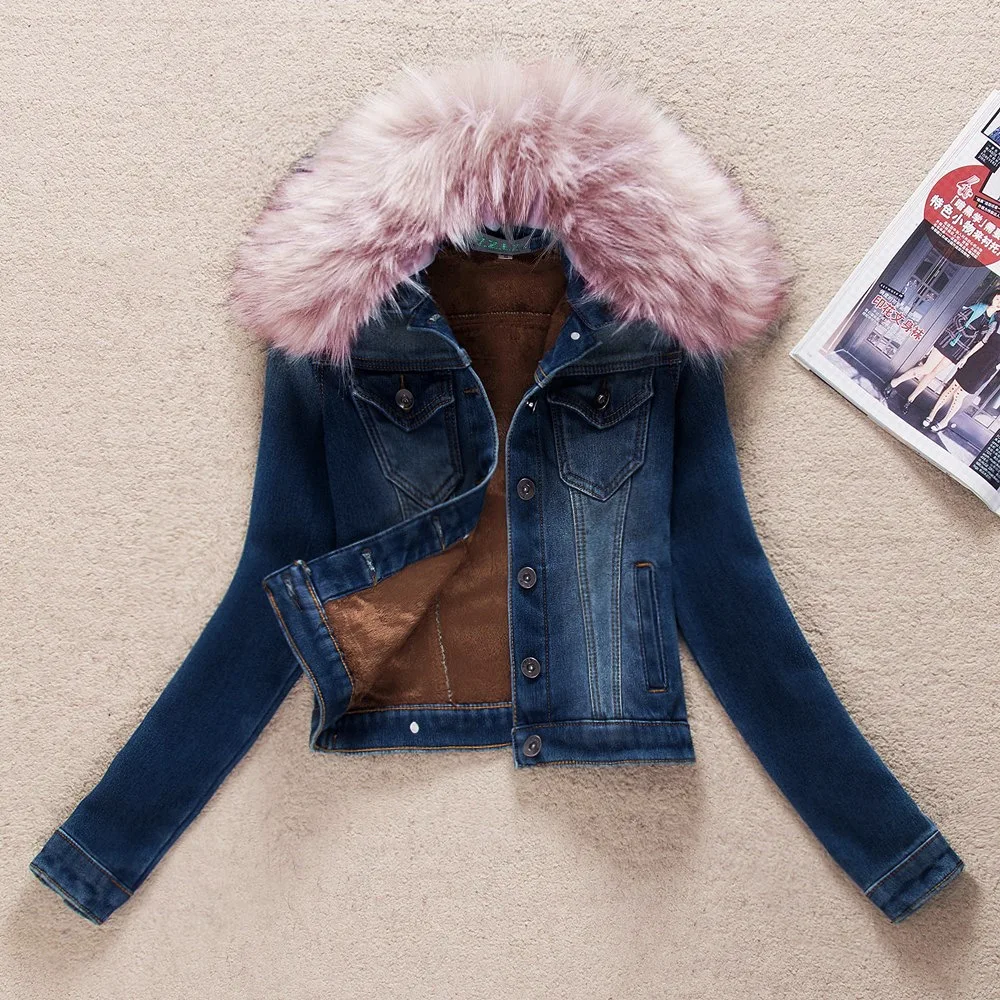 New Winter Fur Collar Denim Jackets Plus Velvet Warm Fur Collar Outerwear Women Cashmere Cotton