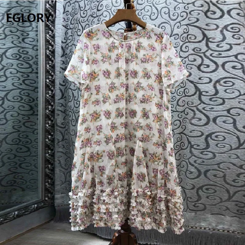

Prairie Chic Dress 2019 Summer Style Women Purple Floral Print Cascading Ruffle Patchwork Short Sleeve Straight Silk Dress Cute
