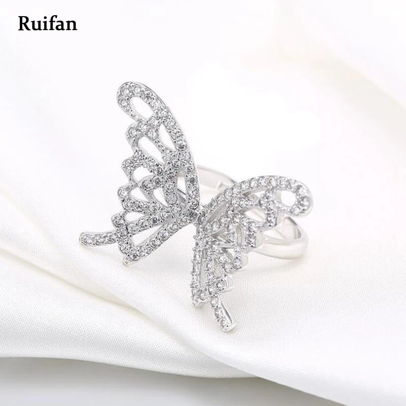 Ruifan High Quality Fashionable Unique Adjustable Silver 925 Ring Micro Paved Shining CZ Butterfly Jewelry for Party Gift YRI011 Fine Jewelry
