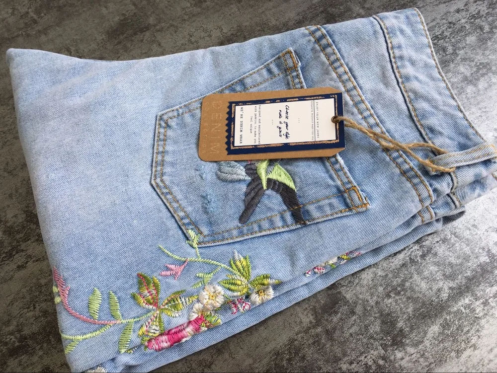 2017 Europe and the United States women's 3D three-dimensional heavy craft bird flowers front and rear side embroidery high waist straight irregular wear jeans (29)