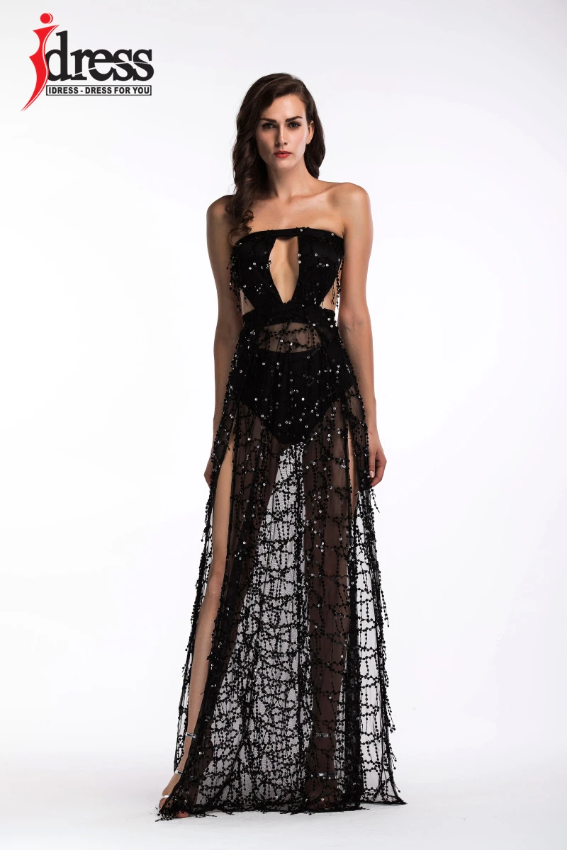 IDress Luxury Sexy Women Strapless Sequins Long Dress Club Waer 2017 Elegant Golden Black White Party Dresses Maxi Vestidos De Festa (8)