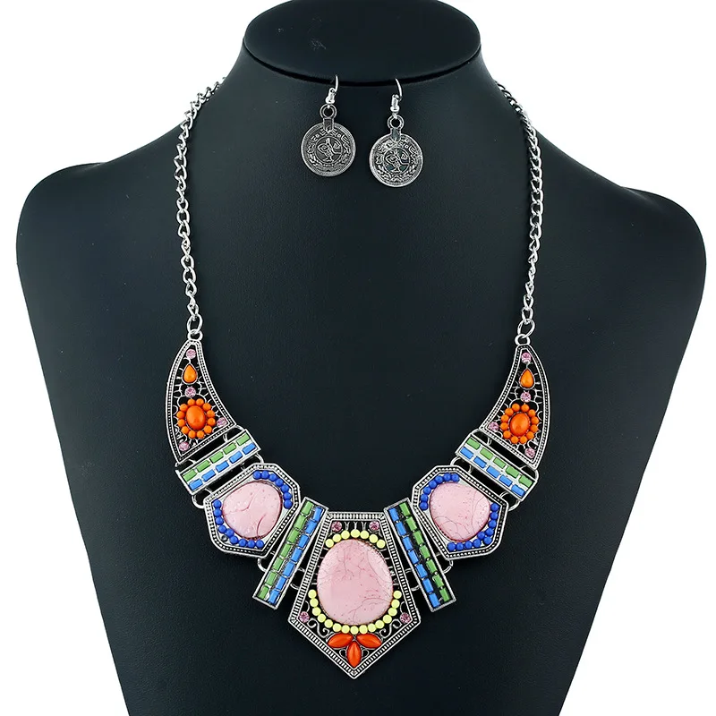 

Bohemian Colorful Beads Geometric Shape Choker Statement Necklace Set Women 2Colors Zinc Alloy Acrylic Necklaces Pendants