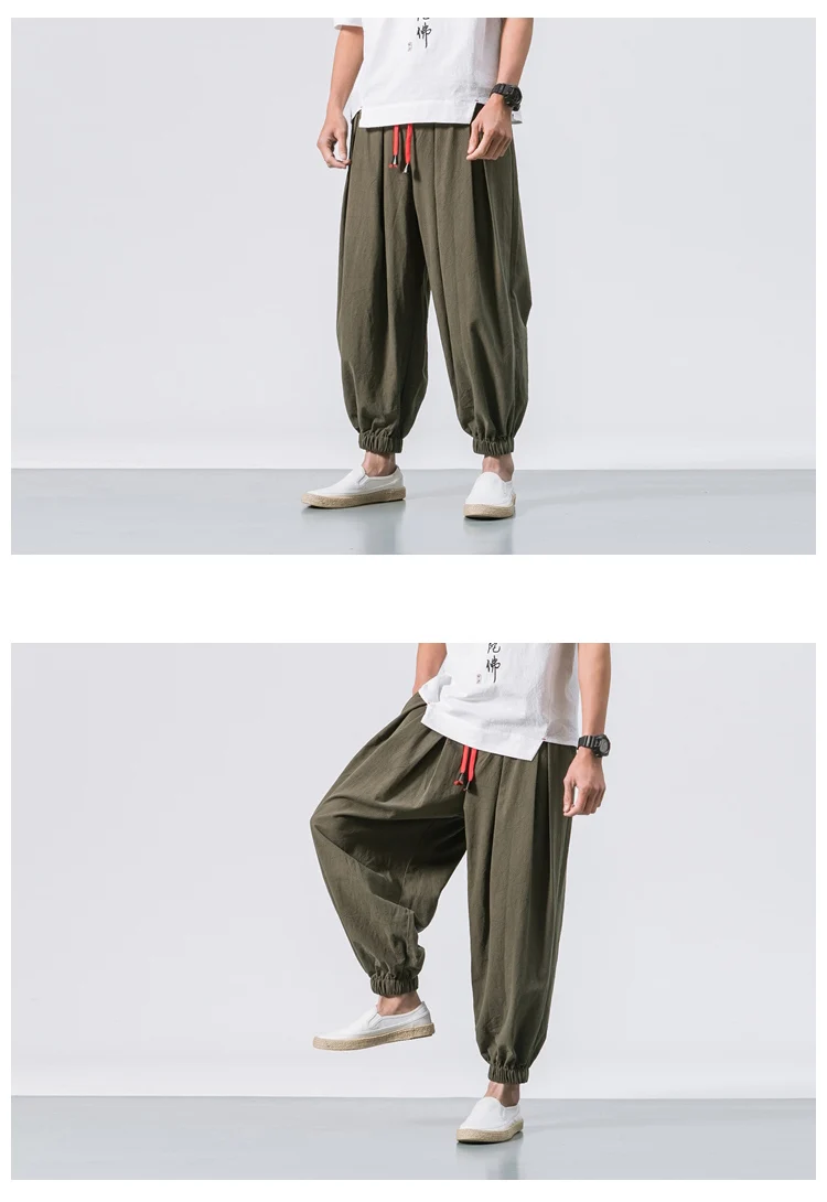 2022 Summer Style Harem Pants Men Chinese Style Casual Loose Cotton Linen Sweatpants Jogger Pants Streetwear Trousers ABZ397 green sweatpants