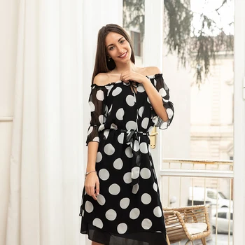 

Route 28 Dot pattern round collar one-neck belt dress 9071 made in Italy