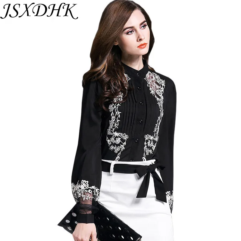 

New Arrival Business Feminina Spring Women Blouse 2018 Fashion Chiffon Embroidery Stand Collar Slim Lantern Sleeve Shirt Tops