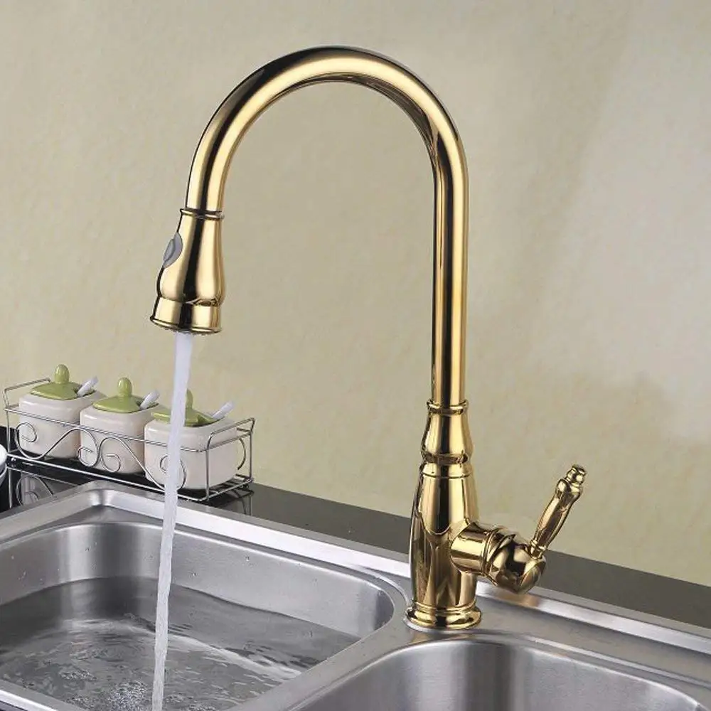 Gold Pull Down Kitchen Faucet solid Brass sink mixer tap with Retractable Pull Out spray Swivel Spout,two functions