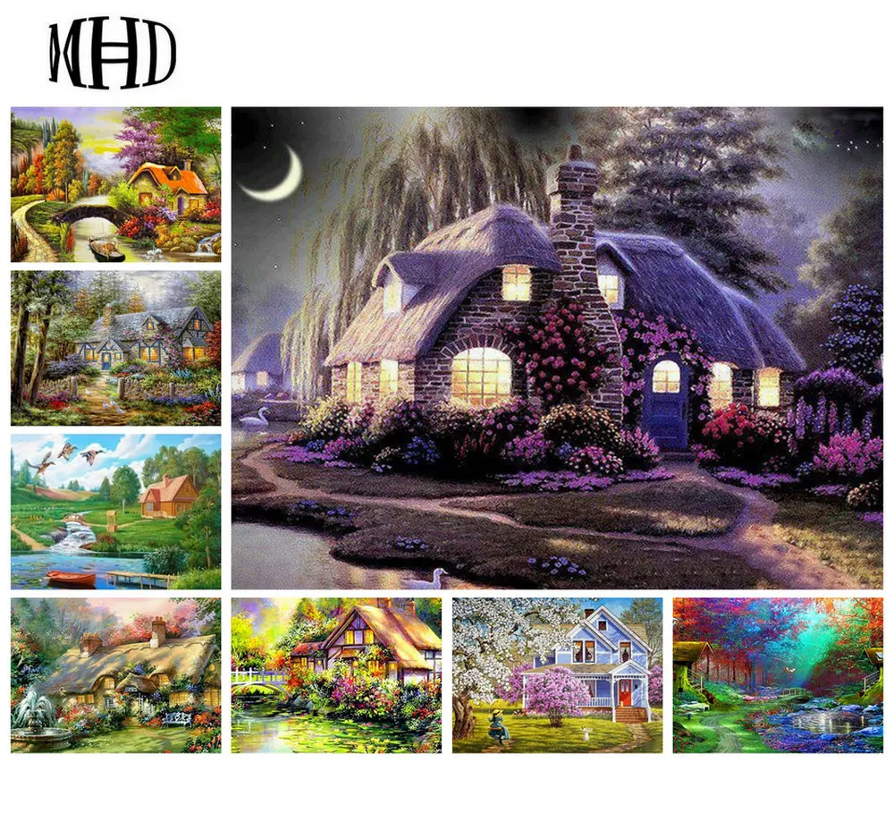 

MHD Variety of Landscape Kit Diamond Paintings 5d diy Diamond Embroidery Full Diamond Cross Stitch Decorating Set Mosaic House