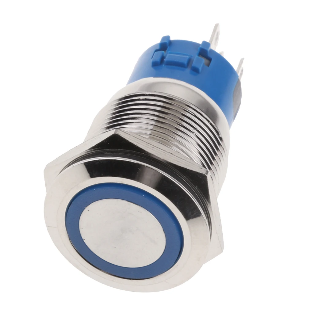 19MM Blue LED Light Metal Button Switch Momentary Push Button Auto Reset Waterproof Illuminated Switch Latching IP67