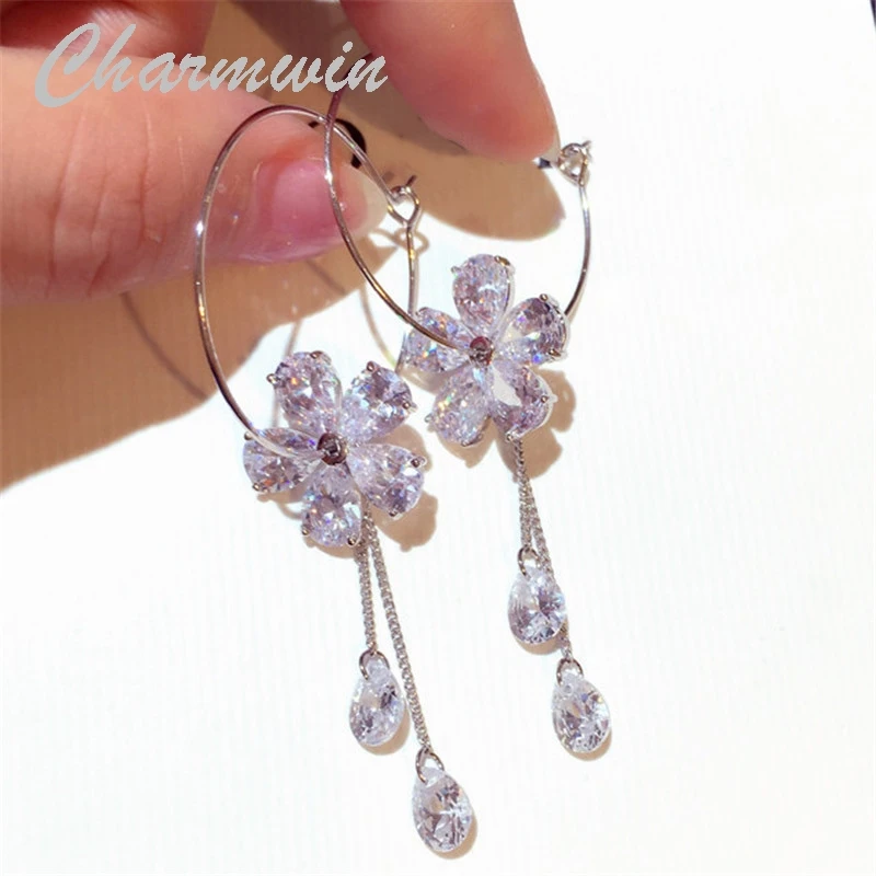 

Charmwin New Fashion Silver Needle Hoop Earrings Long Earrings For Women Statement Cubic Zirconia Flower Tassel Earrings Women