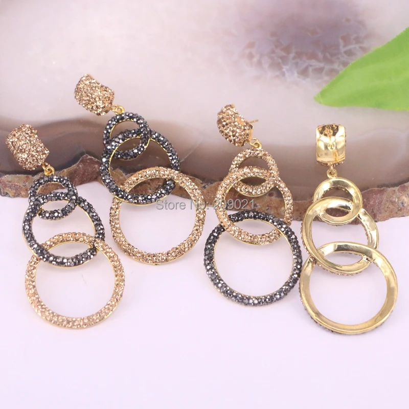 

4Pcs Golden / Black Rhinestone Paved 3 Round Circle Dangle Jewelry Earring For Women