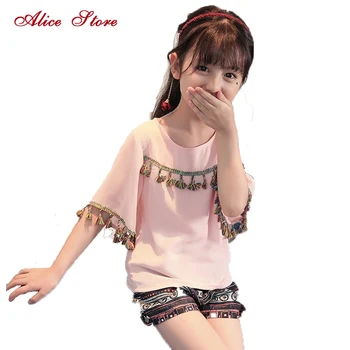 

2018 summer new girls nationality wind clothes suit Children's tassel half sleeve T-Shirts + print shorts 2 pcs clothing sets