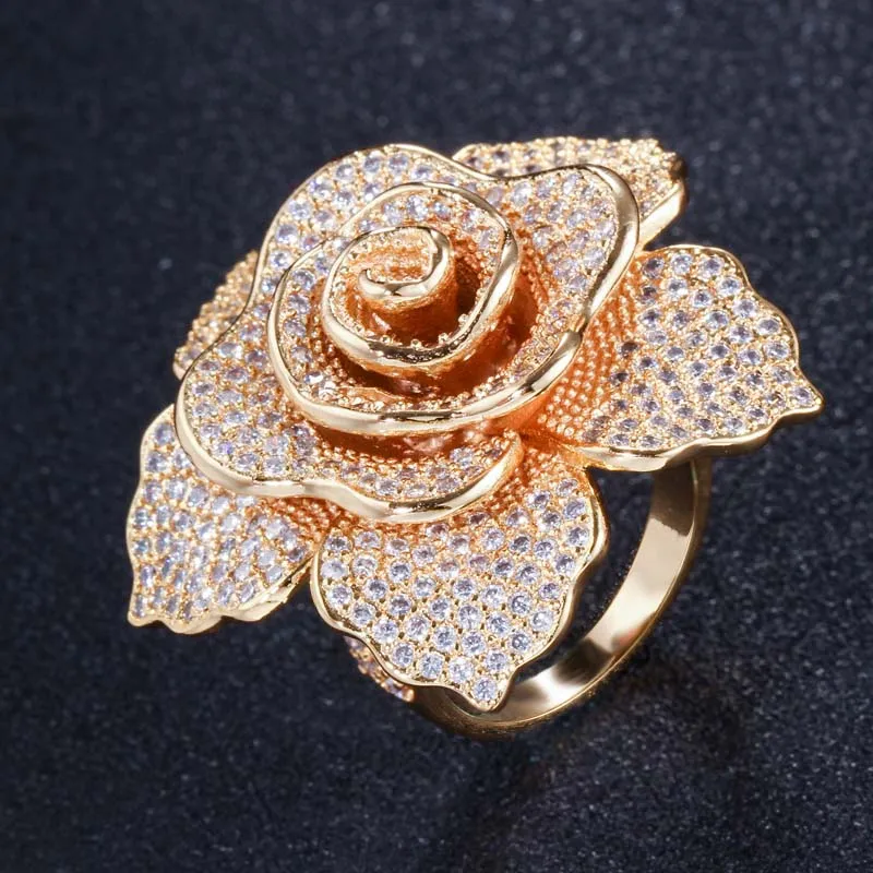Pera, стиль, известный бренд, ювелирные изделия, большой цветок, форма кубического циркония, желтое золото, кольца на палец для женщин, вечеринка R087