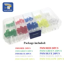 200 шт./лот, 3 мм, 5 мм, светодиодный комплект с коробкой, разноцветный, красный, зеленый, желтый, синий, белый светильник, диод, ассортимент 20 шт., каждый