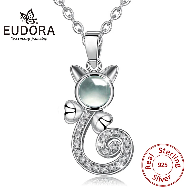 

EUDORA 2019 New Sterling Silver 100 languages I love you Projection Pendant Cat Necklace Romantic Love Memory Wedding Necklace