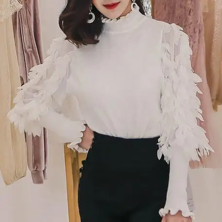 

2018 spring turtleneck patchwork knitted sweater women loose mesh stitching lantern sleeve pullovers large size