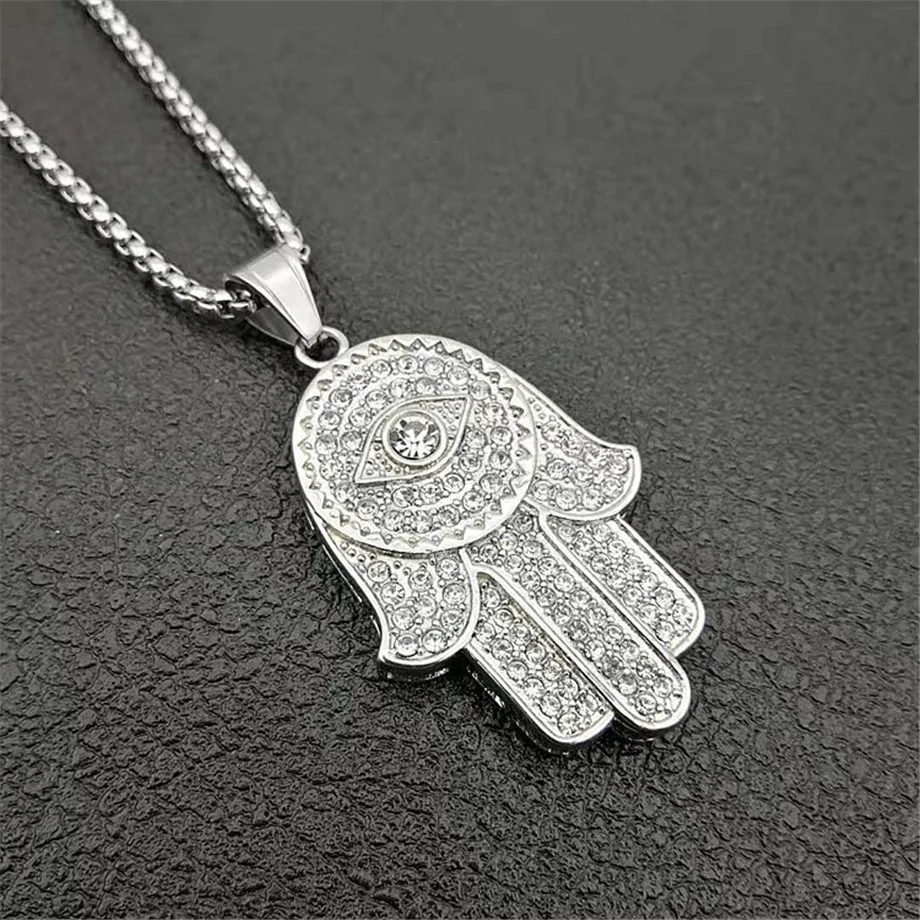 Мужская и Женская Ручная подвеска Hamsa of Fatima Золотая из нержавеющей стали со льдом