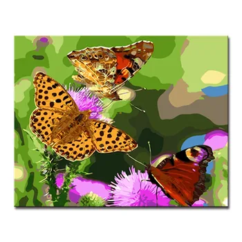 

DIY Oil Painting By Numbers Kits Coloring Handpainted Three Butterflies Fly In Purple Flowers Canvas Pictures Office Wall Decor