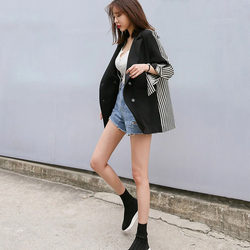 GALCAUR Striped Blazer For Female Patchwork Long Sleeve Double Breasted Women's Jacket OL Autumn Fashion Clothing Casual GALCAUR Striped Blazer For Female Patchwork Long Sleeve Double Breasted Women's Jacket OL Autumn Fashion Clothing Casual