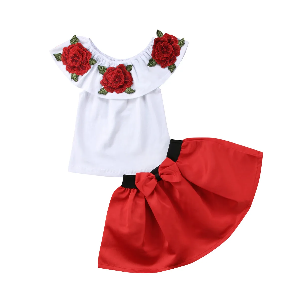 

2 Pcs Baby Girls Embroidery Flower Off Shoulder Ruffle Tops T-shirt Bow Tie Skirt Clothes Set Outfits 2019