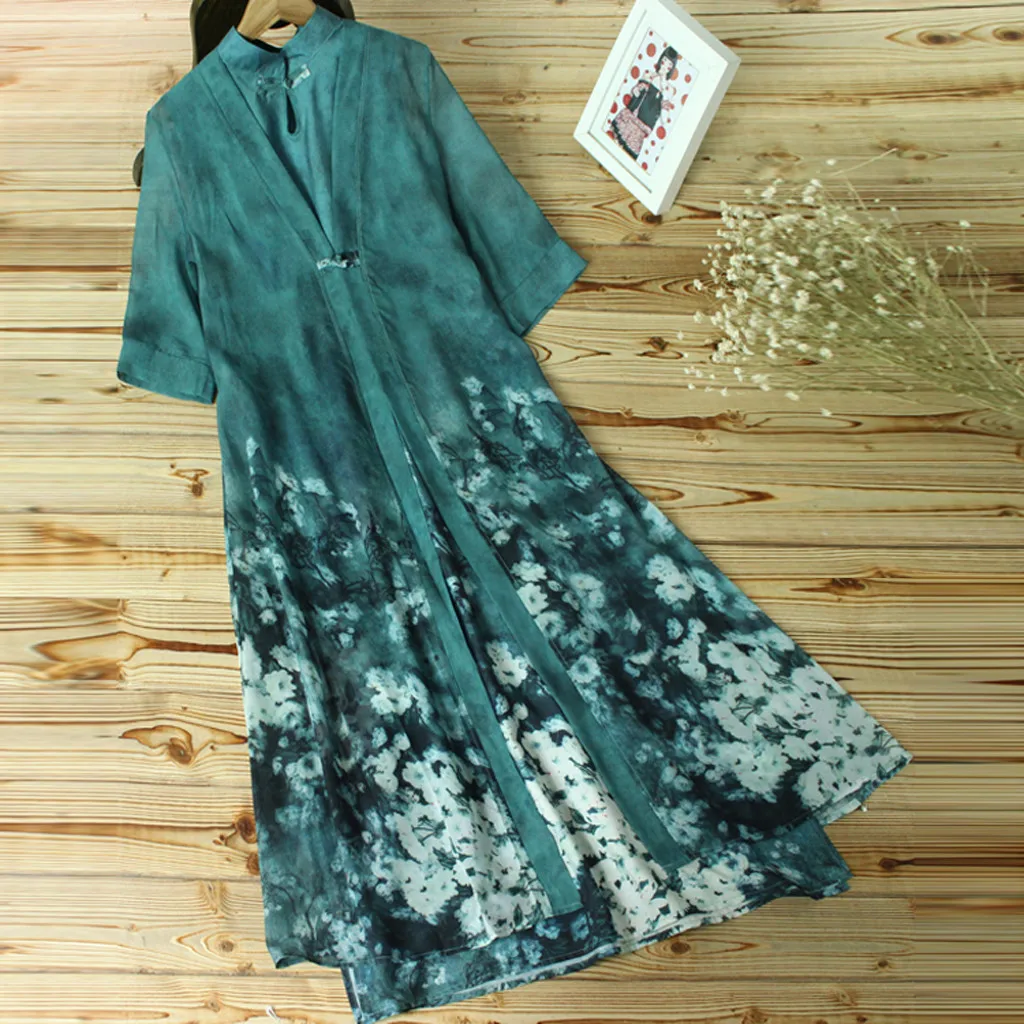 

Women Vintage Casual Boho Floral Print Lace Two-piece 3/4 Sleeve Long Dress Fashion Ladies' Clothing