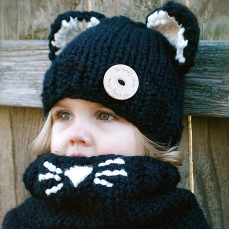 

girls kids hat and scarf set for children winter set for children scarf hat set girls boys Knitted Hats cute ears kids gift