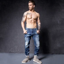 BASIC POWER Ripped Jean Men Blue Warm Jeans Pants Winter Male Cotton Straight Slim Long Skinny Denim Trousers 3103
