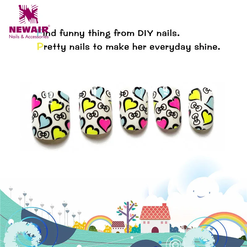 

Press on Children Fake Nail Tips Kids Heart Short False Nails with Glue Women Artificial Nails Art Decoration