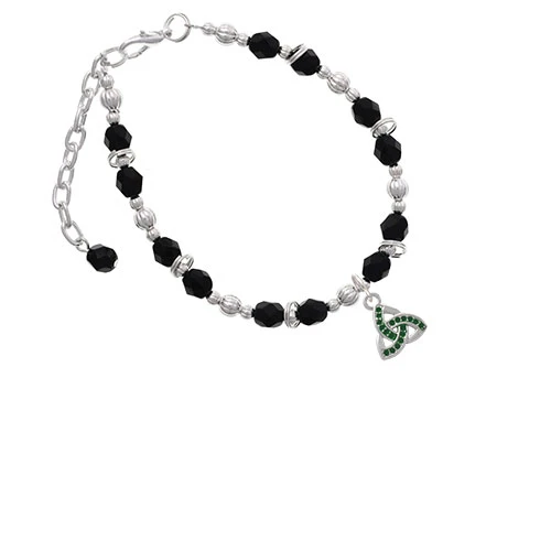 Silvertone Small 2-D Green Trinity Knot Black Beaded Bracelet