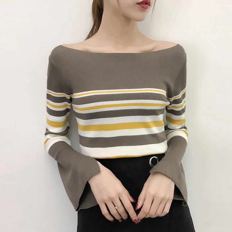 

Flare Sleeve Sweater Women Fashionable High Elastic Knitted Split Autumn Winter Sweaters Pullovers Female Tricot Jumper Femme