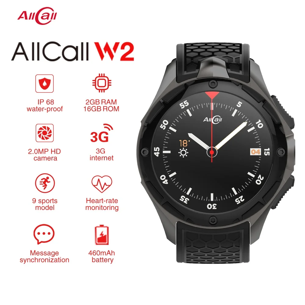 ALLCALL W2 MTK 6580 Quad-core 1. 3g Гц 16 GB+ 2 GB 2MP Камера 1,39-дюймовый AMOLED Экран Nano SIM WI-FI BT4.0 gps 3g Смарт часы-телефон