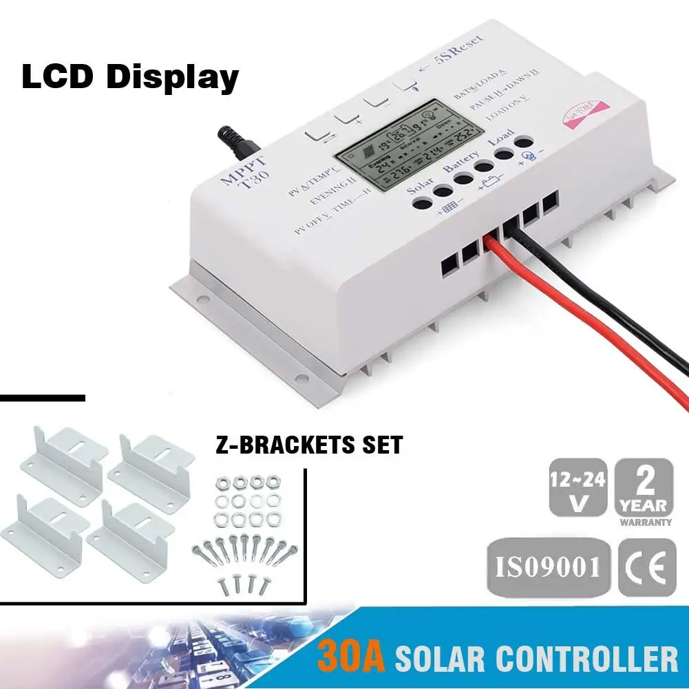 

LCD Display 30A 12V/24V MPPT Solar Panel Battery Regulator Charge Controller Three-time Auto Safe Protect + Z-Brackets Set EH