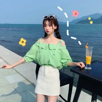 

Summer Strapless short section solid color slash neck short-sleeved shirt