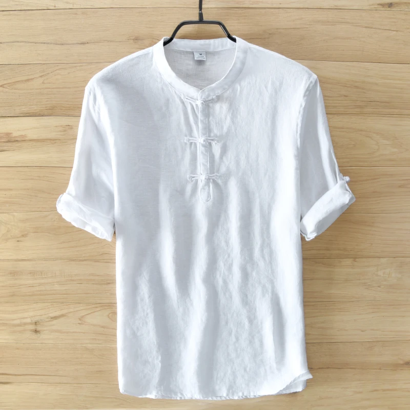 White pure linen shirt men short sleeve summer men shirts Chinese style