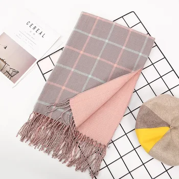 

Women Winter Scarf Double Side Muffler Knit Thick Plaid Warm Scarves Long Size Female Plaid Cashmere Bufanda foulard