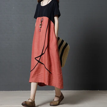 

2018 Mori Girls Style Short Sleeve Patchwork Long Women Dress Summer Casual Loose Cotton Linen Dress Oversized Sundress