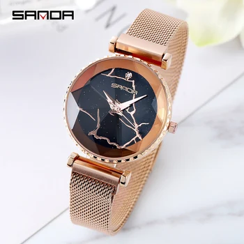 

Sanda Top brand Luxury Rose Gold Mesh Band Magnet Buckle Women Geometric Surface Quartz Watches Best Selling Clock Reloj Mujer